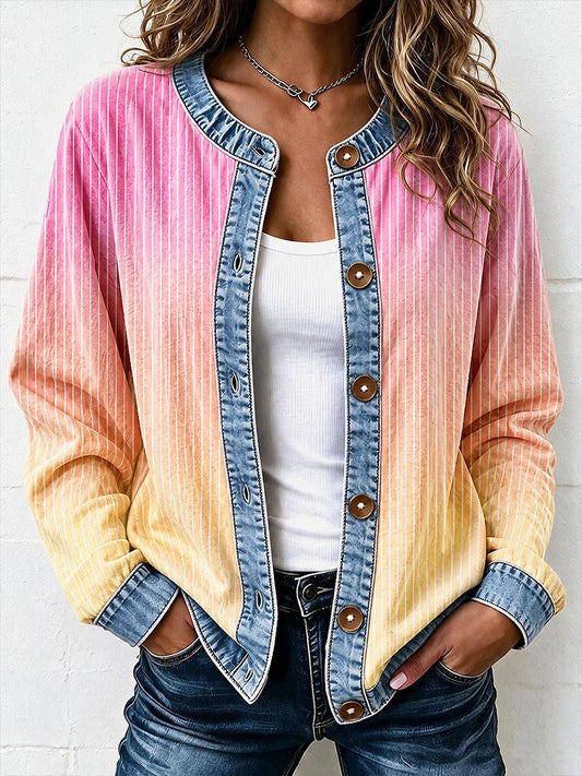 Cardigan en jean à motifs rayés et patchwork pour femme