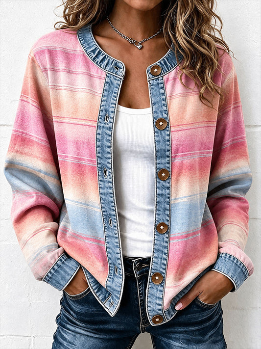 Cardigan en jean à motifs rayés et patchwork pour femme