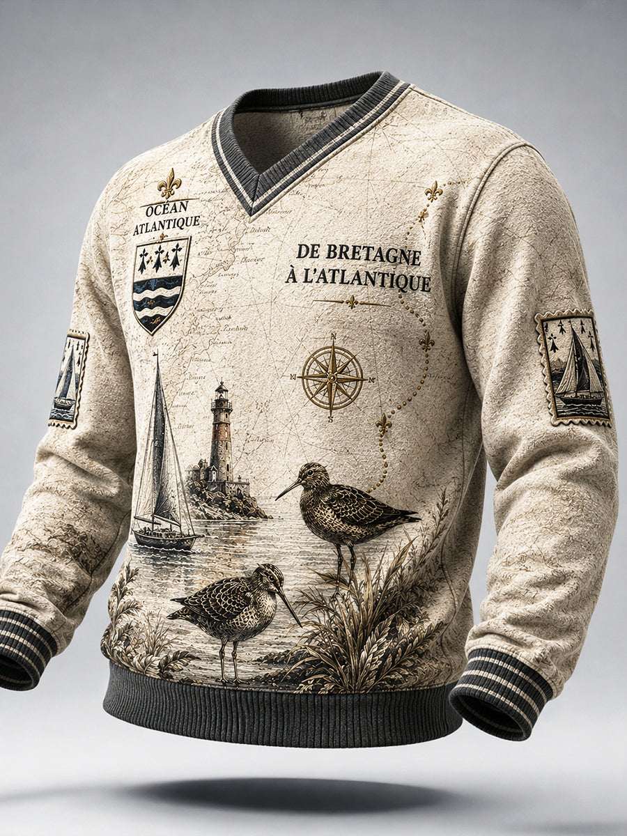 Sweat-shirt à col en V à imprimé de course de la route du Rhum français pour hommes