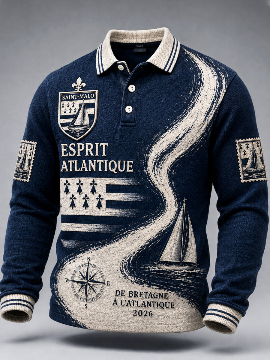 Polo à manches longues pour hommes au début de l'automne à imprimé de course de route de Rhum français bleu profond