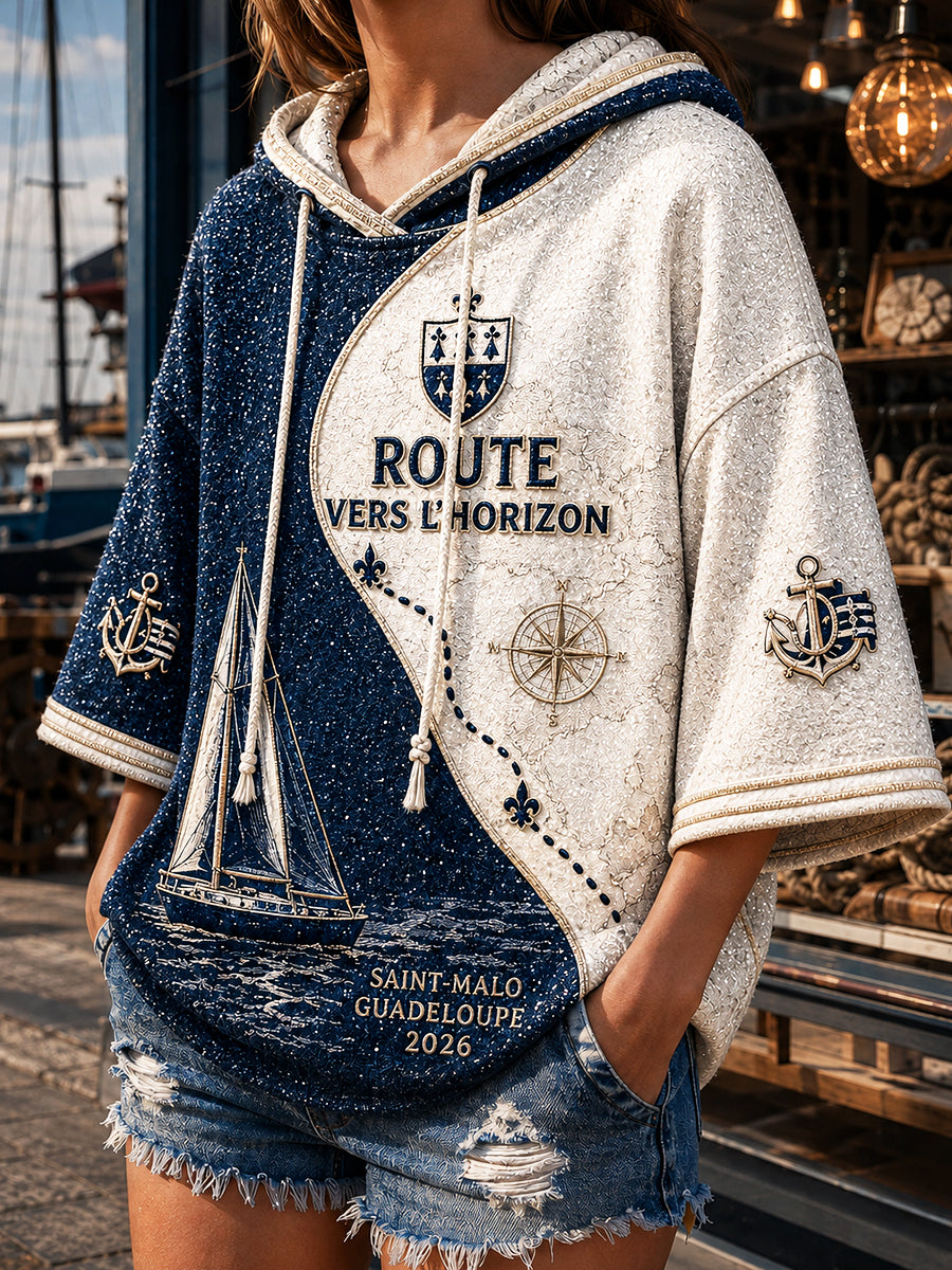 Women's French Rum Route Sailing Race Patchwork Imprimer Sweat à capuche décontracté