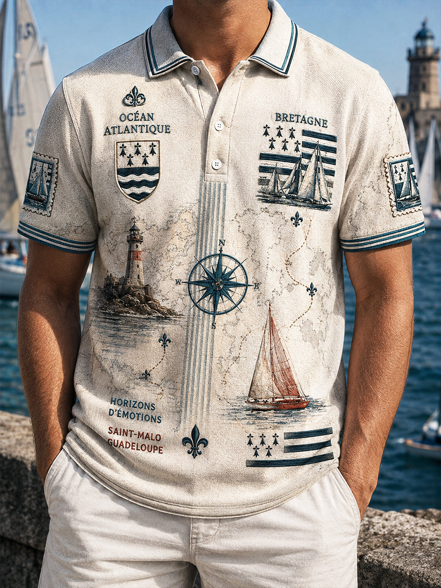Polo décontracté rétro à imprimé régate de la route du Rhum français pour hommes