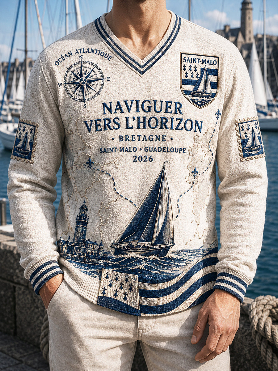 Sweat Homme Off-White French Rum Route Sailing Race Imprimé Doux Col En V