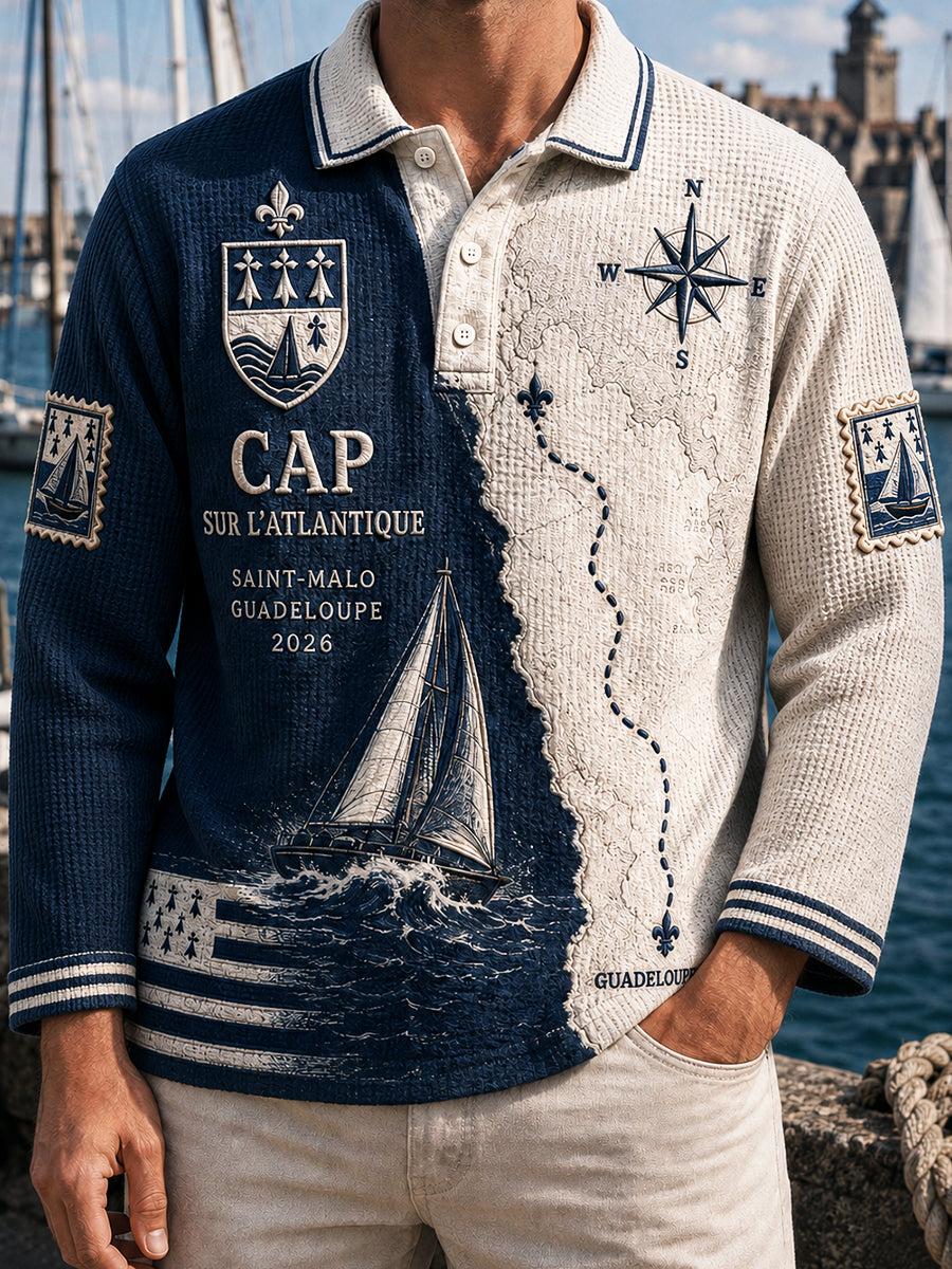 Polo à manches longues pour hommes French Rum Route Sailing Race Print Early Autumn