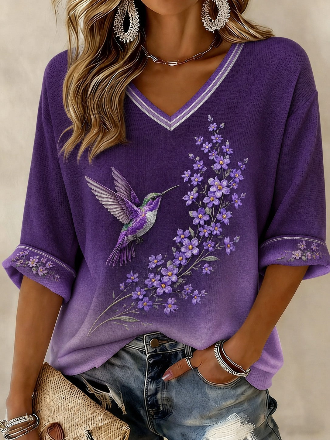 T-shirt femme contre la maladie d’Alzheimer, à manches mi-longues et col en V, imprimé de fleurs