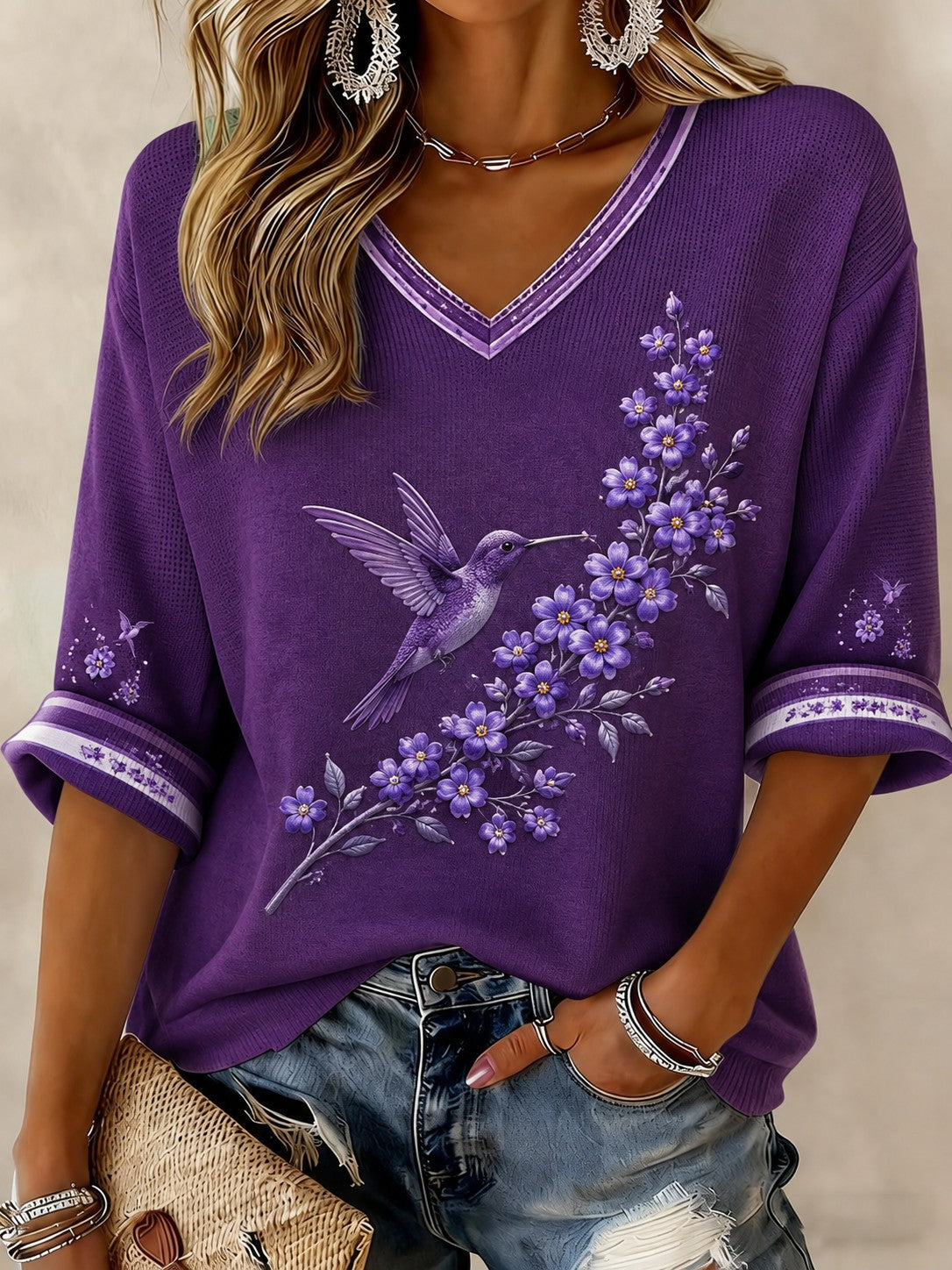 T-shirt Femme Imprimé Fleurs Maladie d'Alzheimer Manches Mi-longues à Col V