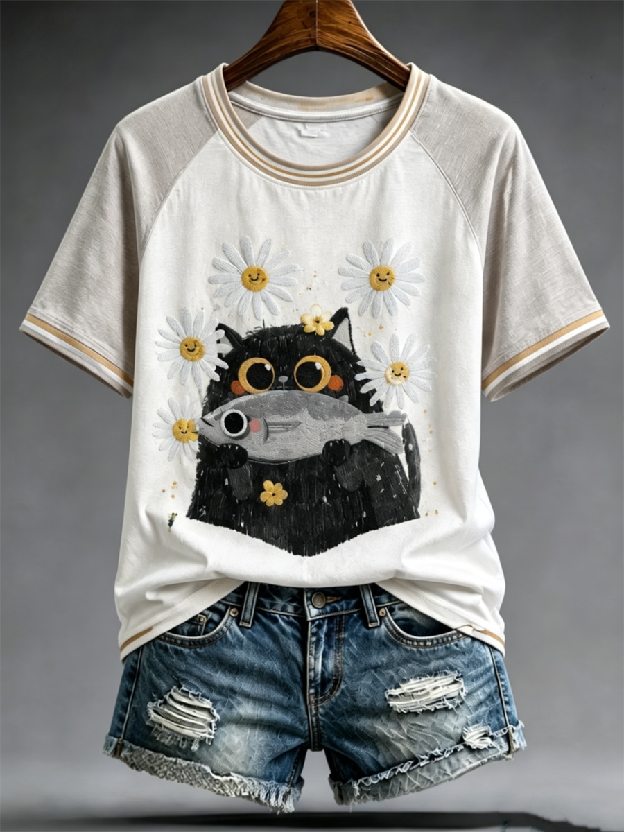T-shirt à manches courtes à col rond imprimé chat pour femme
