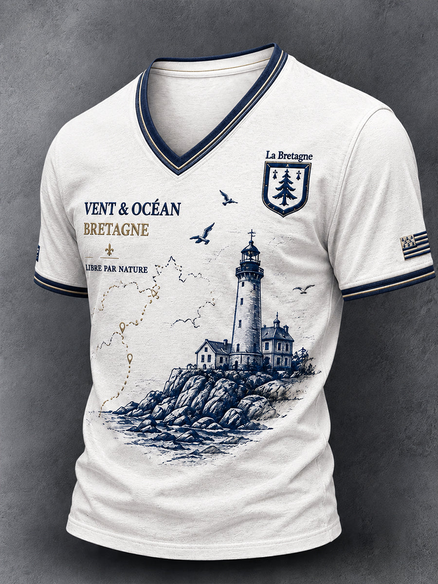 T-shirt décontracté à col en V pour homme, imprimé «Route du rhum» de Bretagne, France
