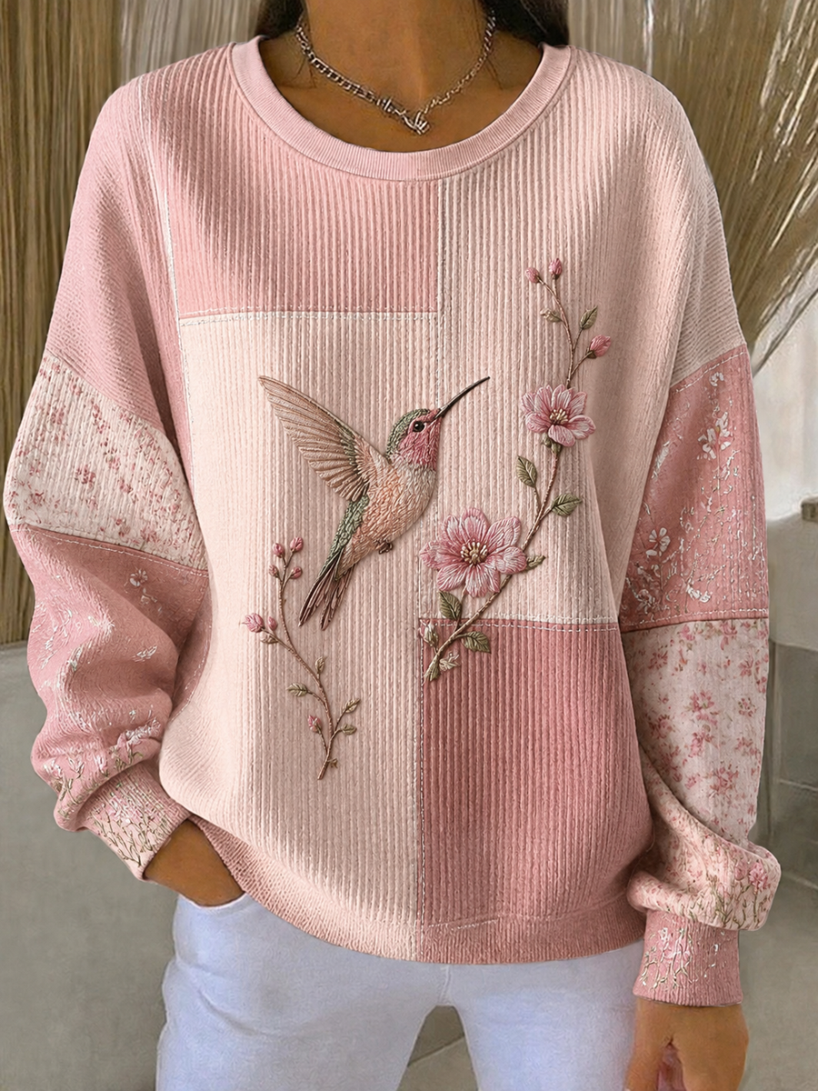 Sweat-shirt à col rond côtelé avec impression artistique de colibri pour femme