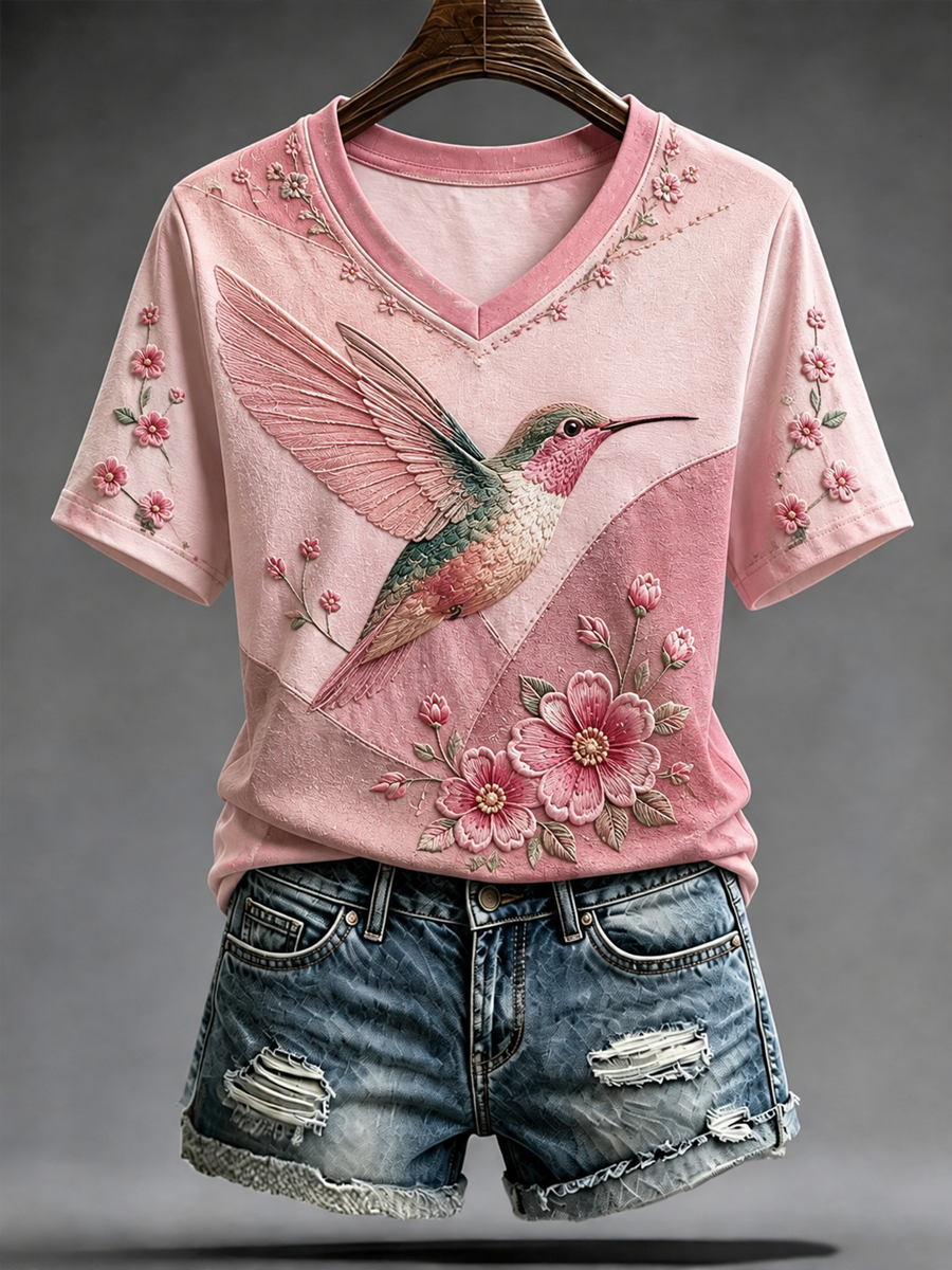 T-shirt à manches courtes pour femme avec impression artistique de colibri