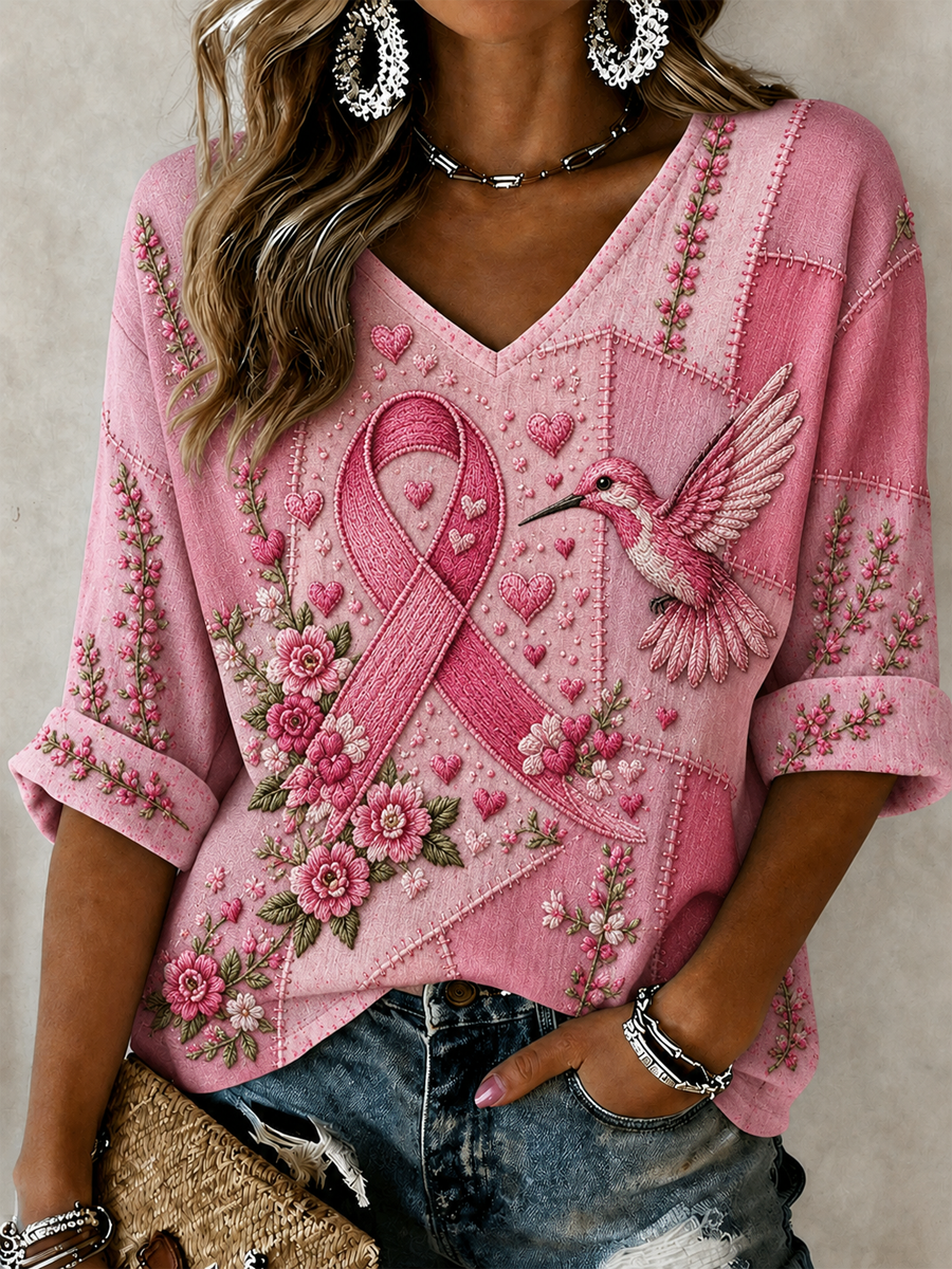 T-shirt femme à imprimé colibri, manches mi-longues et encolure en V