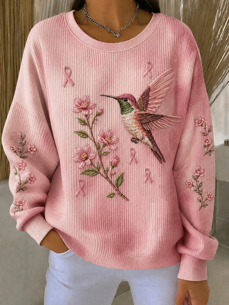 Sweat-shirt Femme Colibri Art Imprimé Côtelé Col Rond