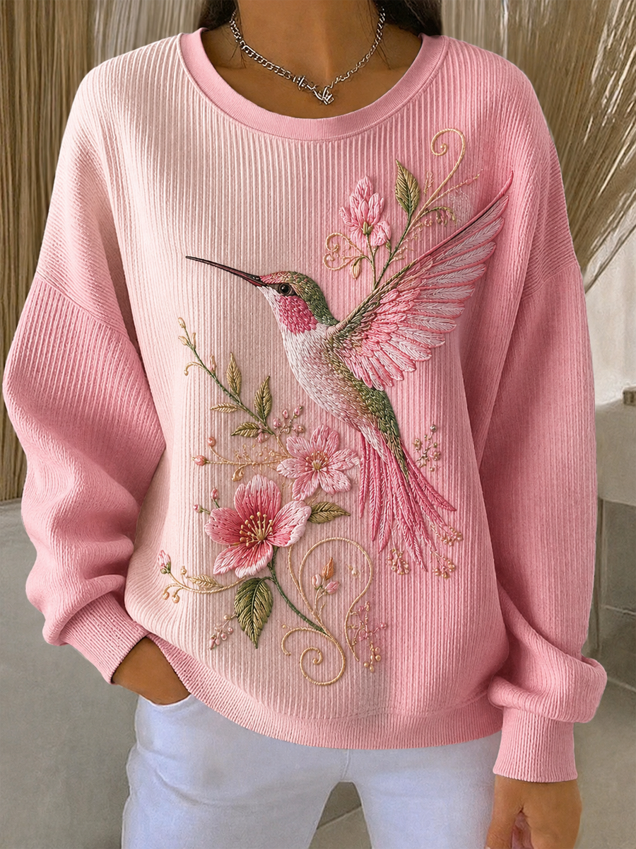 Sweat-shirt à col rond côtelé avec impression artistique de colibri pour femme