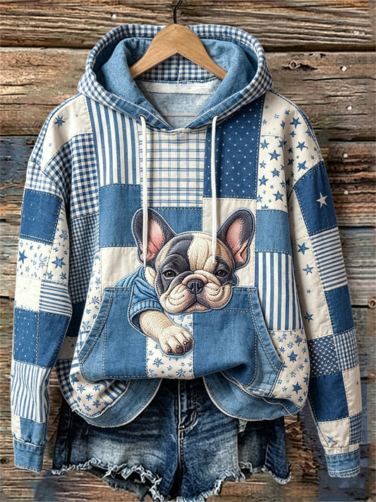 Belle Sleepy Français Bulldog Patchwork Art Print hoodie des femmes