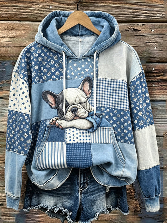 Sweat à capuche pour femme avec impression artistique en patchwork représentant un bouledogue français endormi et mignon