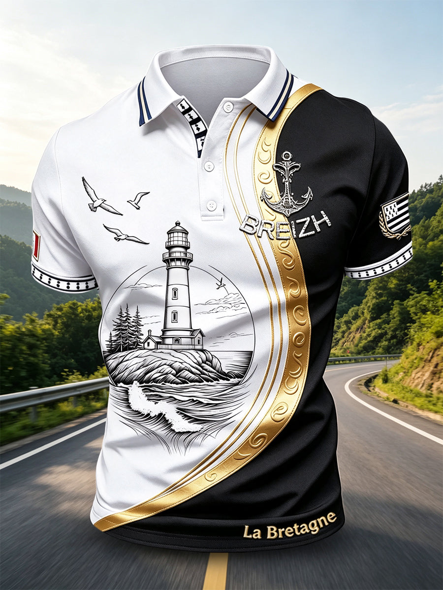 Polo décontracté à imprimé de phare de mouette Bretagne française pour hommes