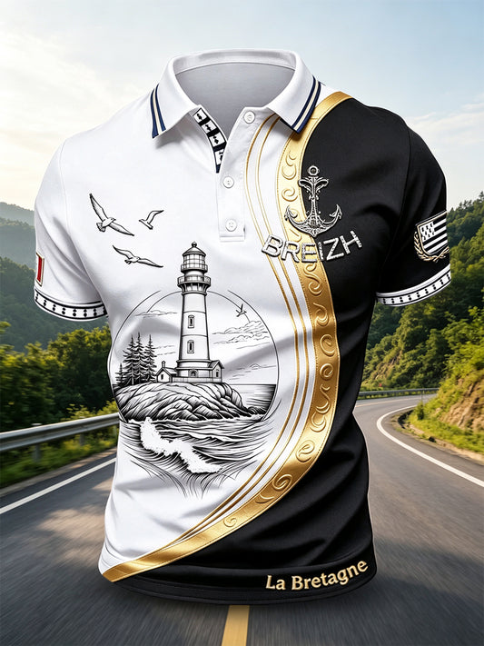 Polo décontracté à imprimé de phare de mouette Bretagne française pour hommes