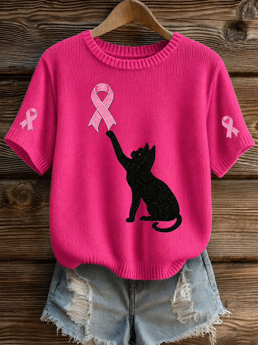 T-shirt noir à manches courtes de sensibilisation au cancer du sein chez la femme