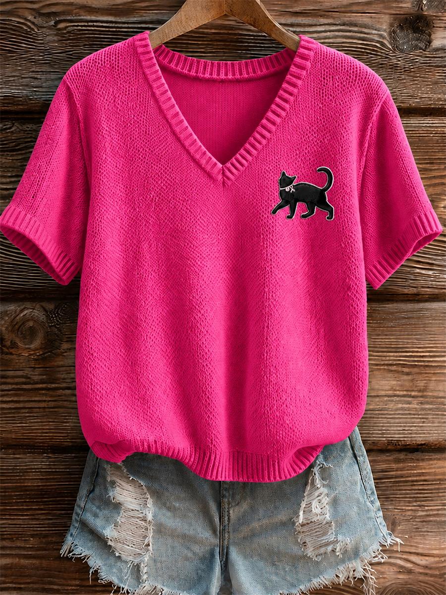 T-shirt à manches courtes chat noir Women's Breast Cancer Awareness