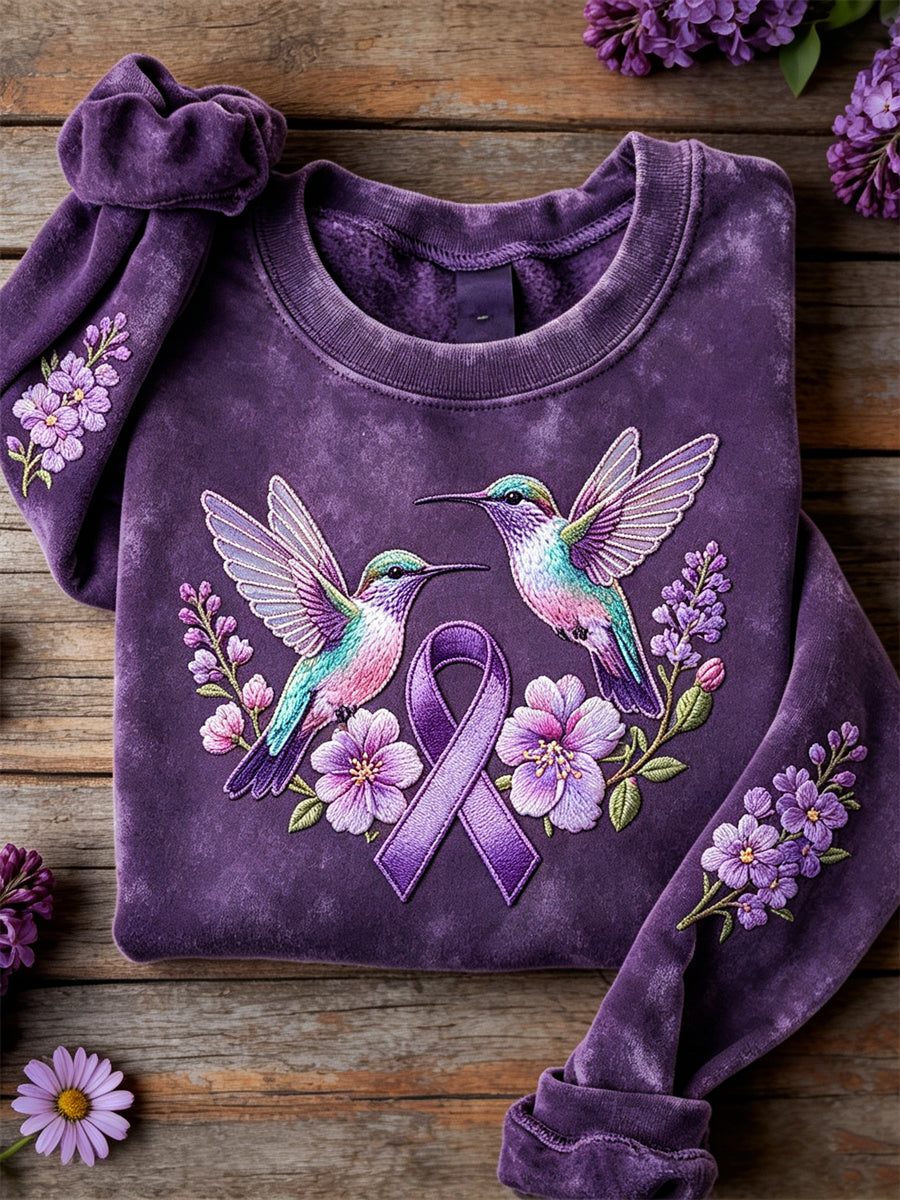 Sweatshirt Femme Humming Birds & Purple Ruban Imprimé Floral
