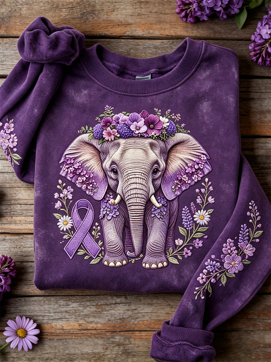 Sweat-shirt Femme Imprimé Floral Éléphant Forêt Et Ruban Mauve