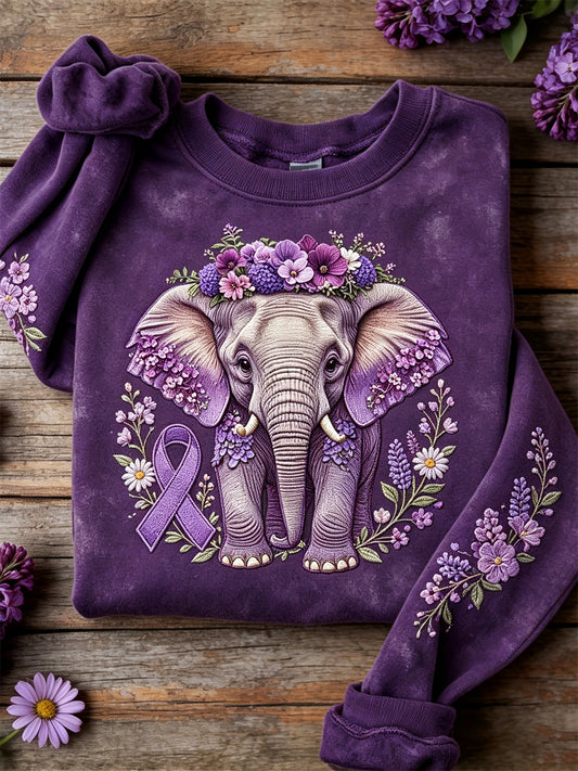 Sweat-shirt Femme Imprimé Floral Éléphant Forêt Et Ruban Mauve