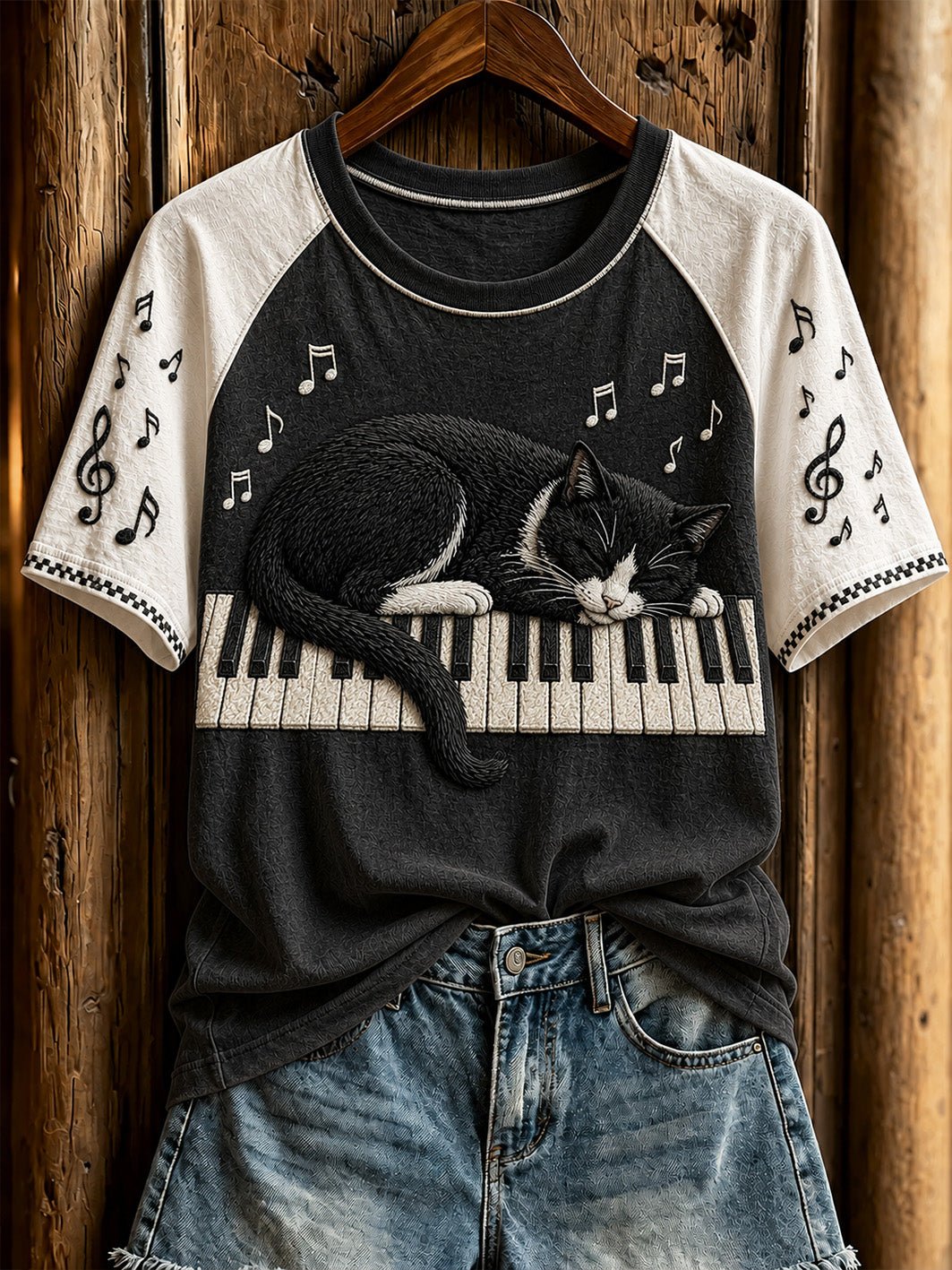 T-shirt décontracté à manches courtes pour femmes, chat et piano