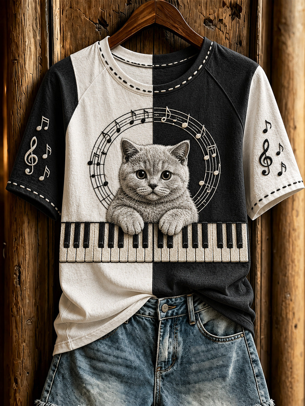 T-shirt décontracté à manches courtes pour femme, motif mignon de chat et de piano