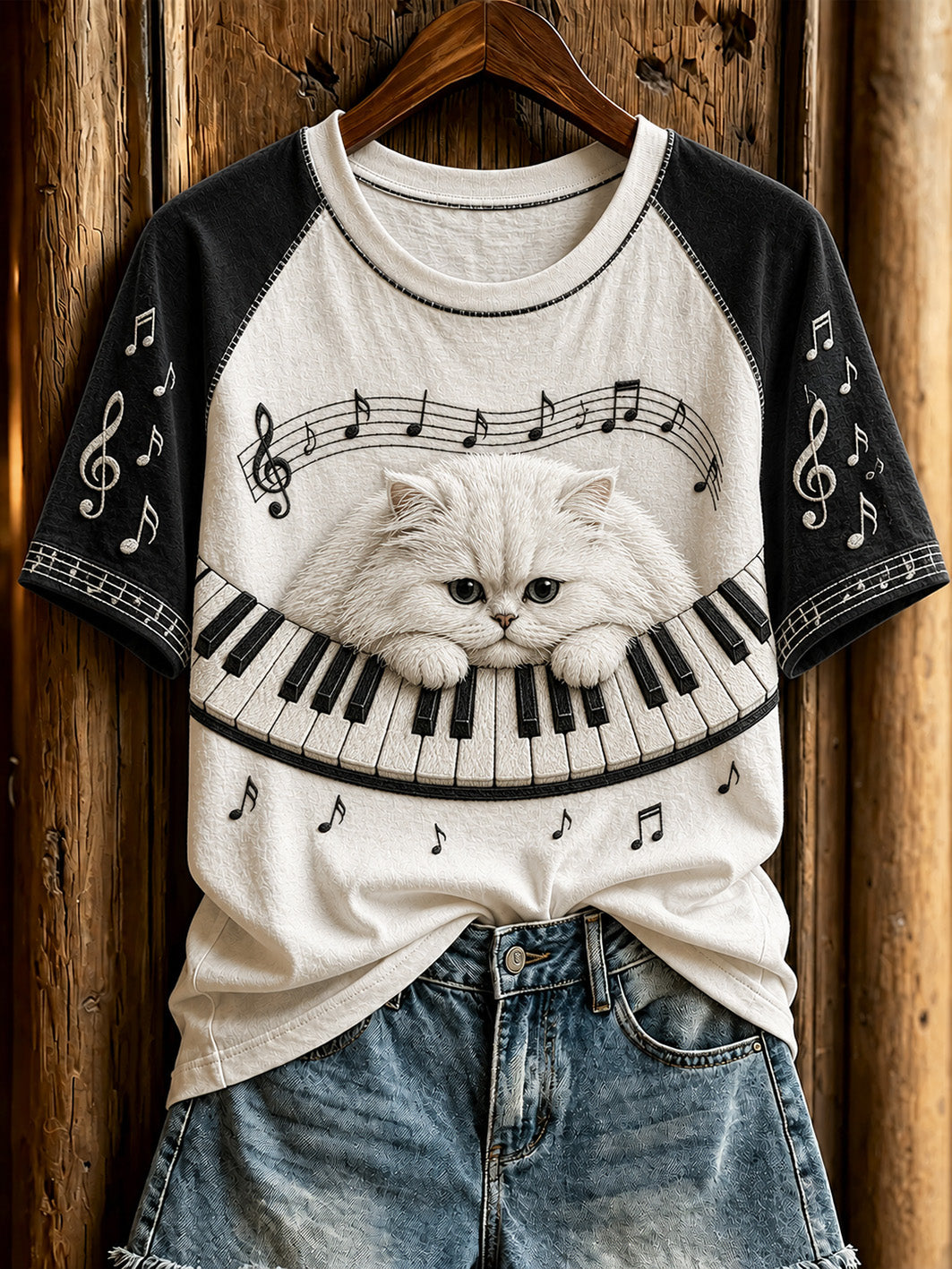 T-shirt décontracté à manches courtes pour femme, motif mignon de chat et de piano