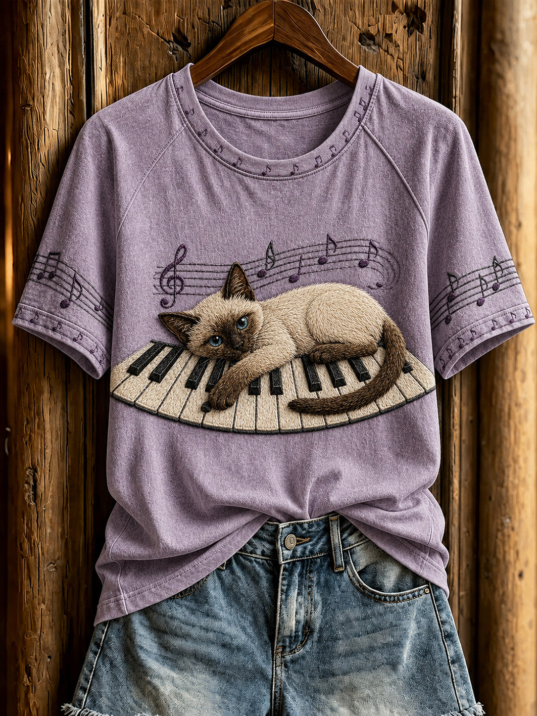 T-shirt décontracté à manches courtes pour femme, motif mignon de chat et de piano