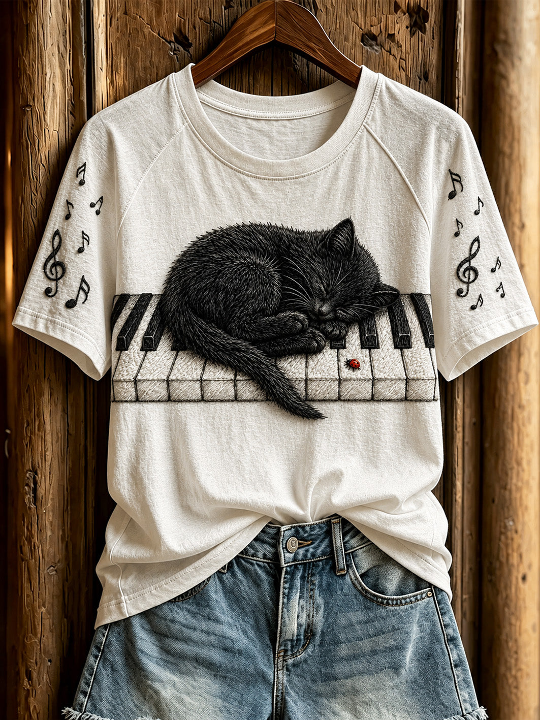 T-shirt décontracté à manches courtes pour femme, motif mignon de chat et de piano