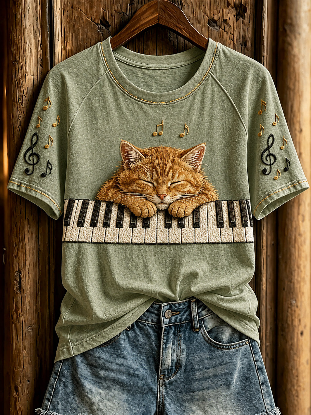 T-shirt décontracté à manches courtes pour femme, motif mignon de chat et de piano