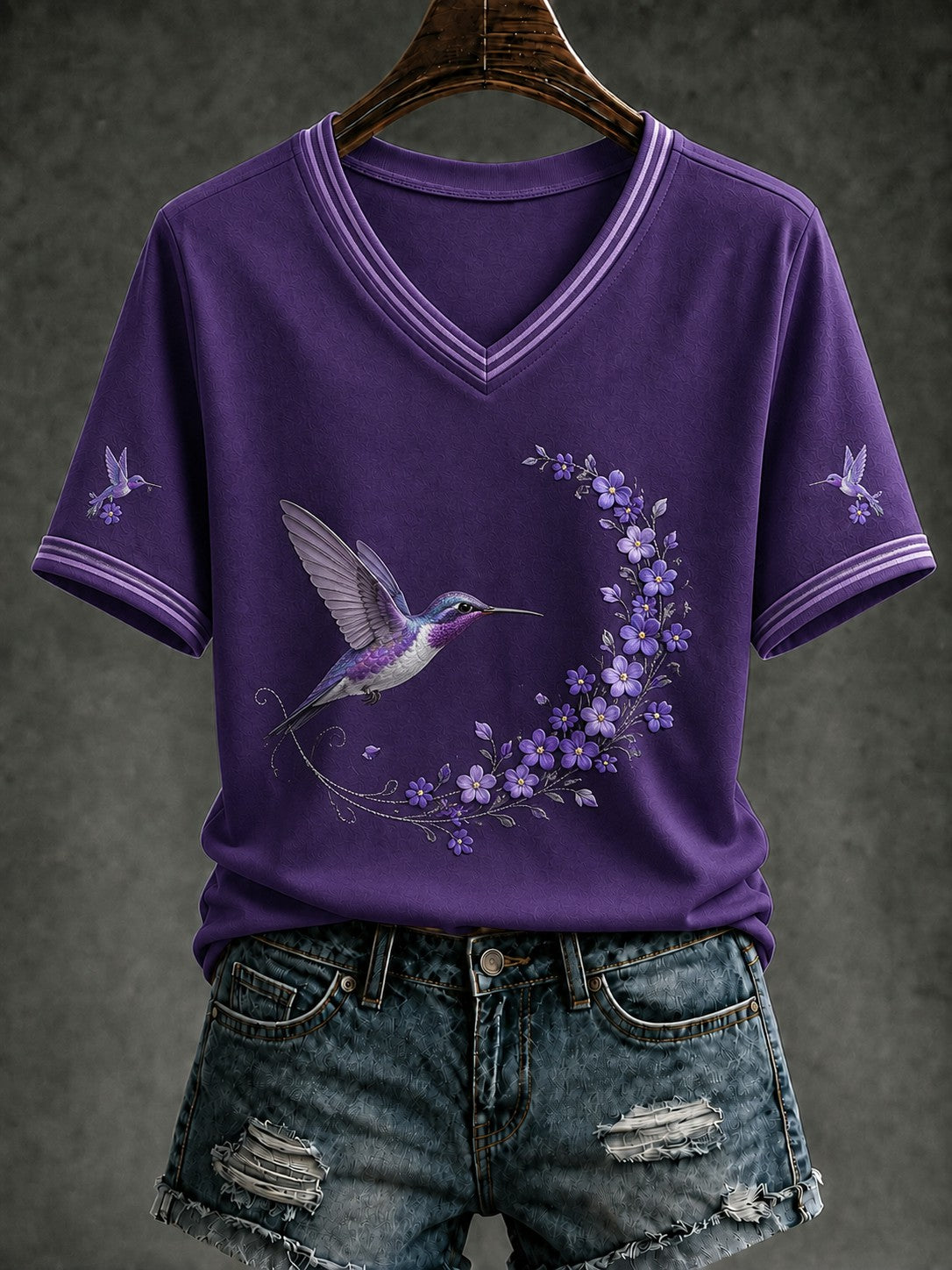 T-shirt à col en V imprimé de fleurs sur le thème de la maladie d’Alzheimer chez les femmes