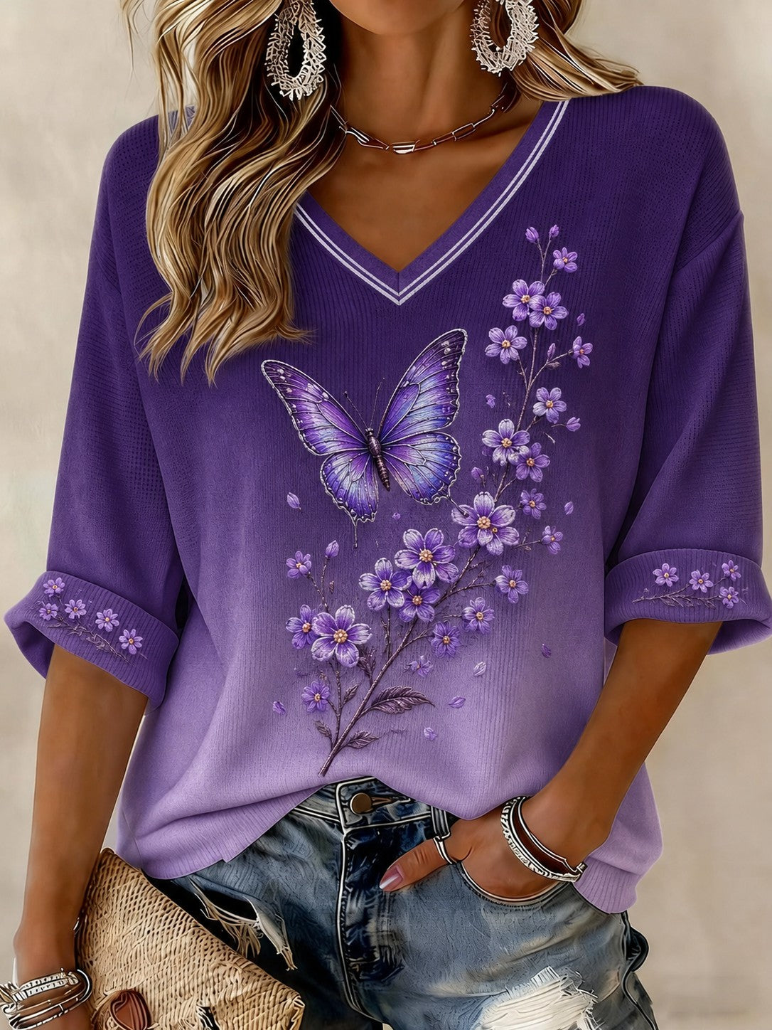 T-shirt femme contre la maladie d’Alzheimer, à manches mi-longues et col en V, imprimé de fleurs