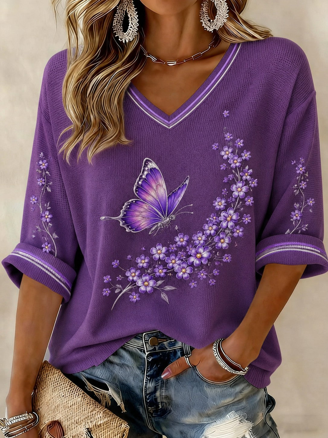 T-shirt femme contre la maladie d’Alzheimer, à manches mi-longues et col en V, imprimé de fleurs