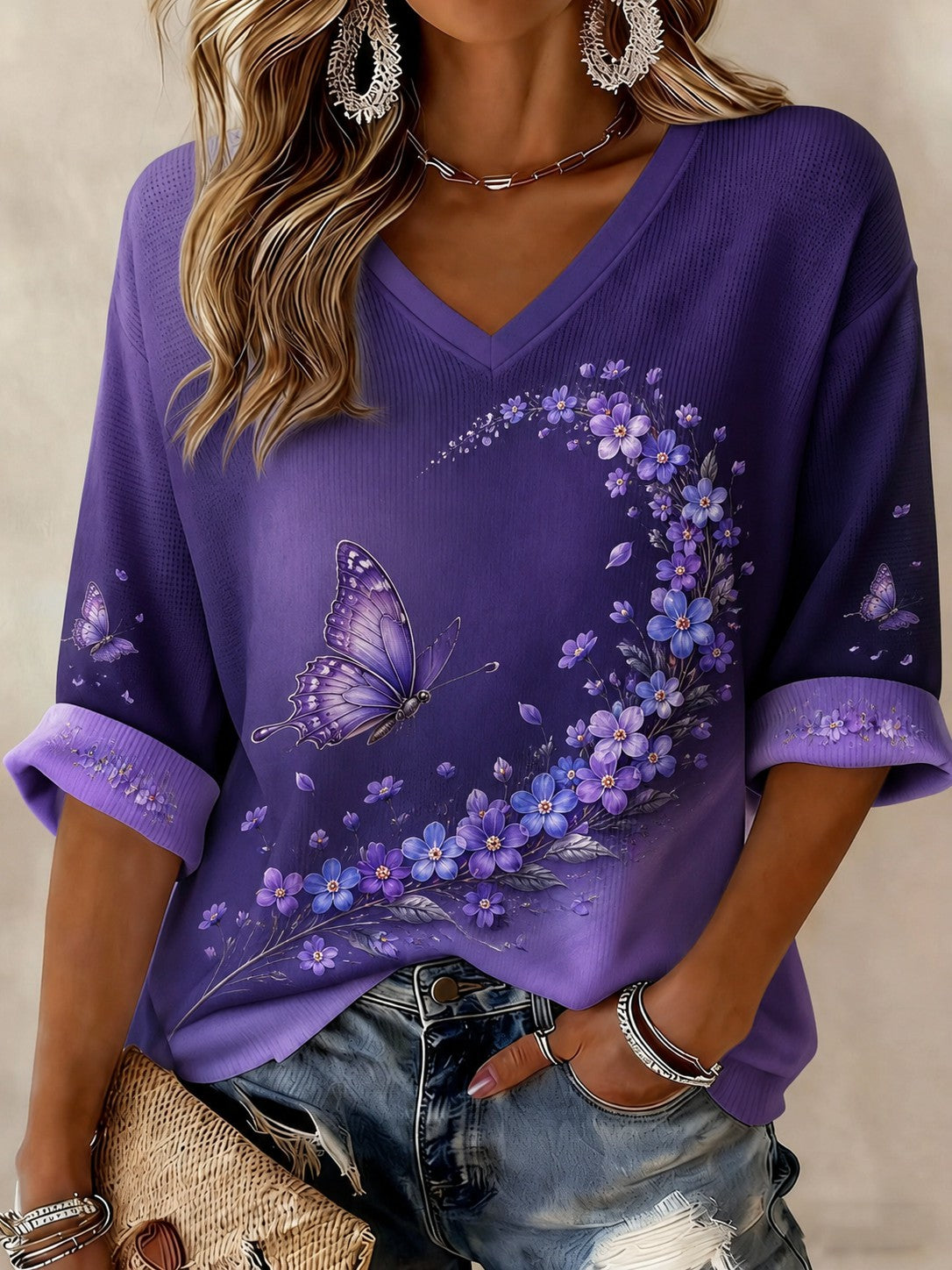 T-shirt femme contre la maladie d’Alzheimer, à manches mi-longues et col en V, imprimé de fleurs