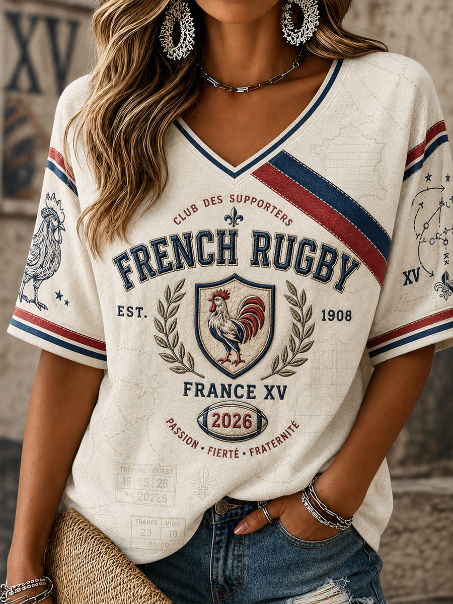 T-shirt français de rugby à manches courtes et col en V pour femme