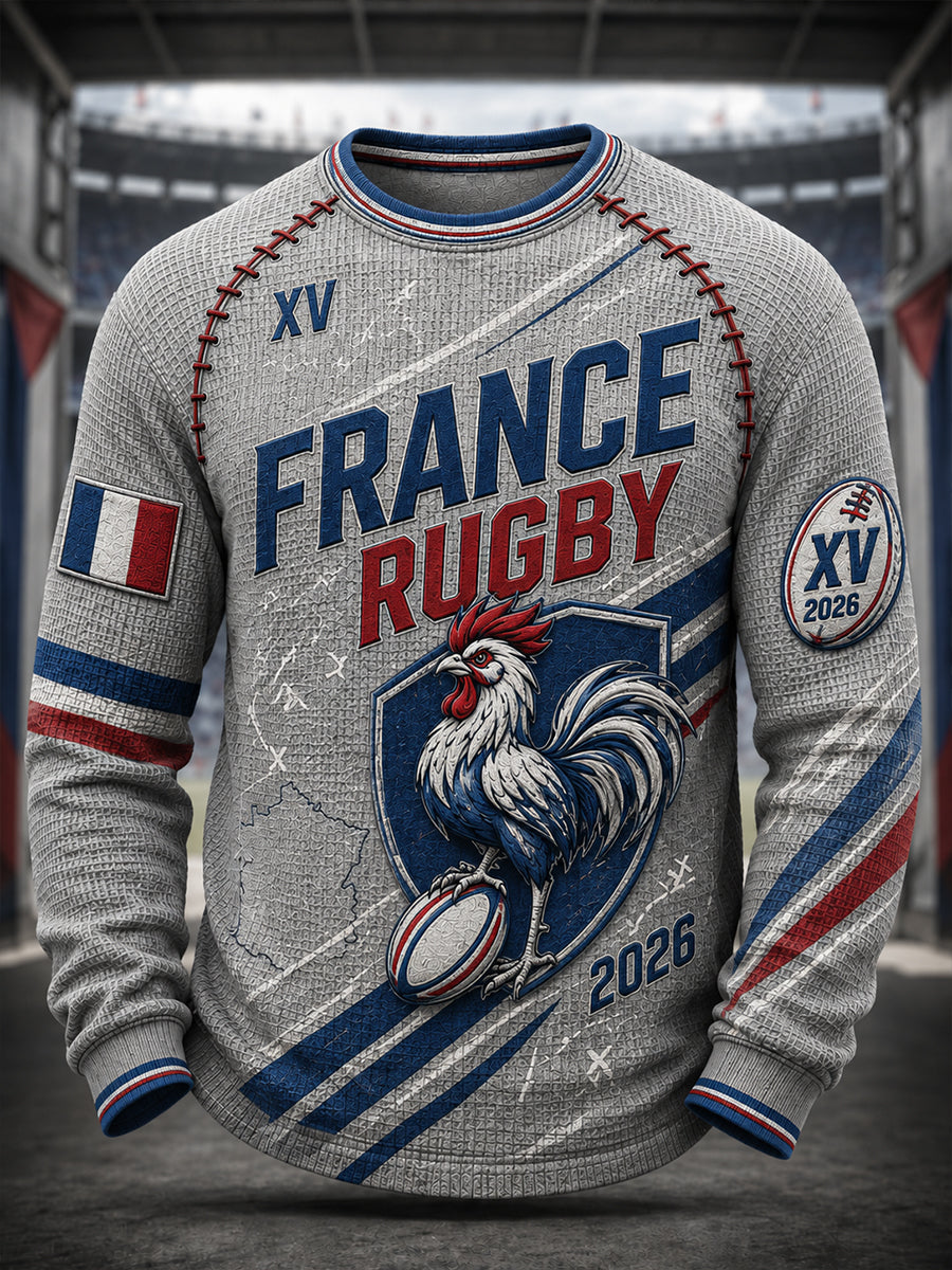 T-shirt manches longues en coton waffle pour homme, style rugby français