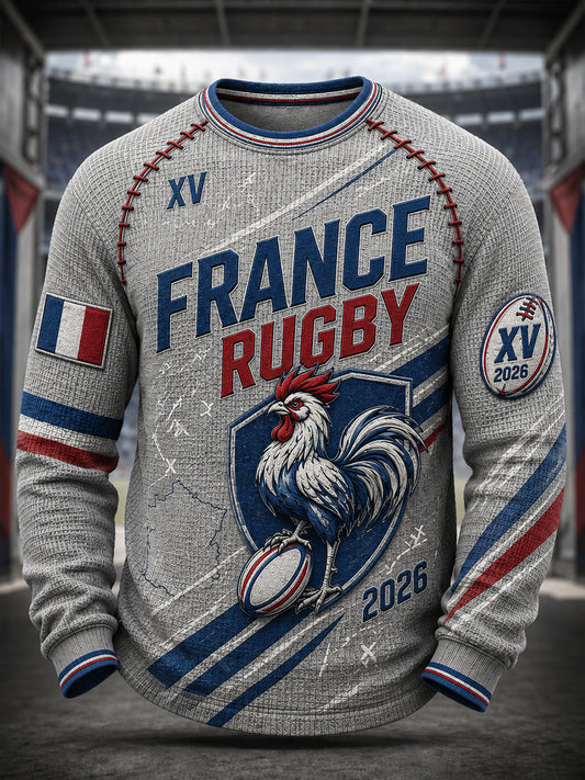 T-shirt manches longues en coton waffle pour homme, style rugby français
