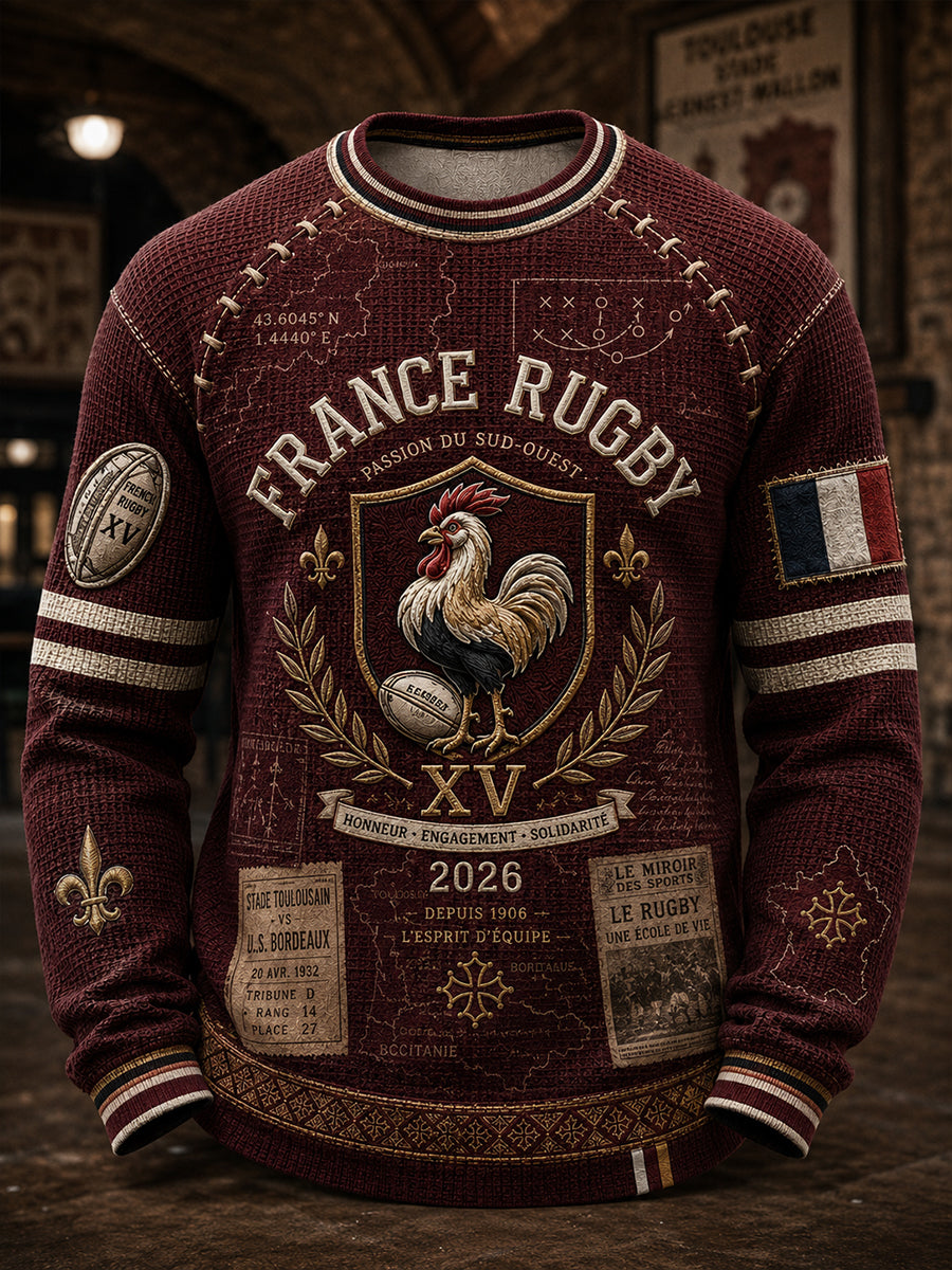 T-shirt manches longues en coton waffle pour homme, style rugby français