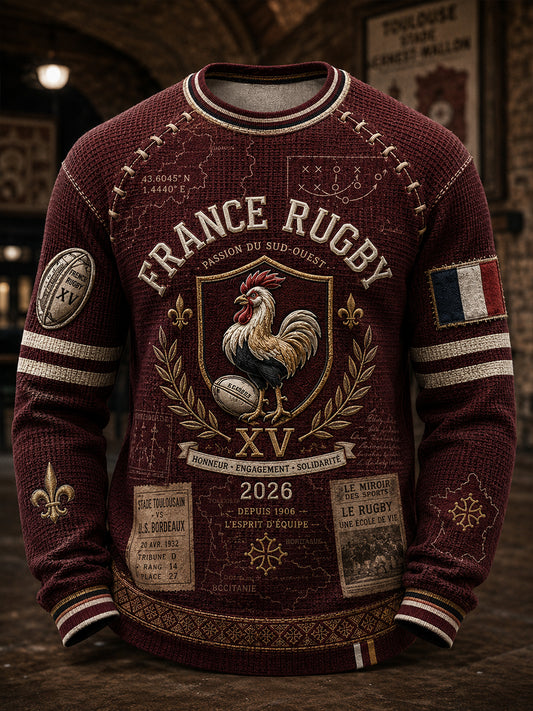T-shirt manches longues en coton waffle pour homme, style rugby français