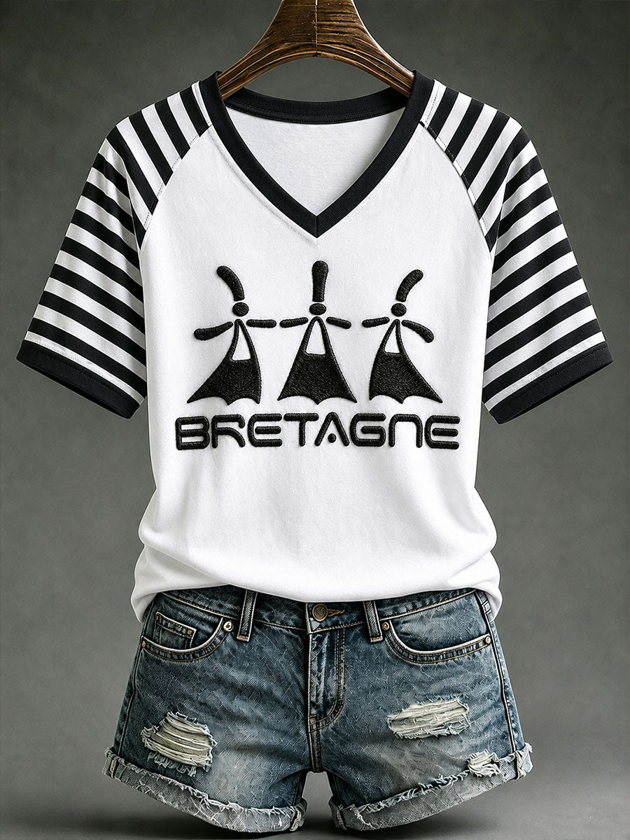 T-shirt à col en V imprimé Bretagne Fest‑Noz pour femme