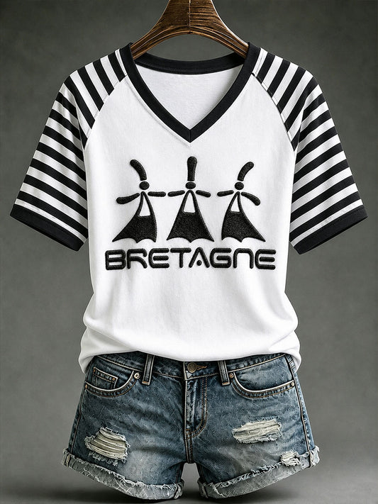 T-shirt à col en V imprimé Bretagne Fest‑Noz pour femme