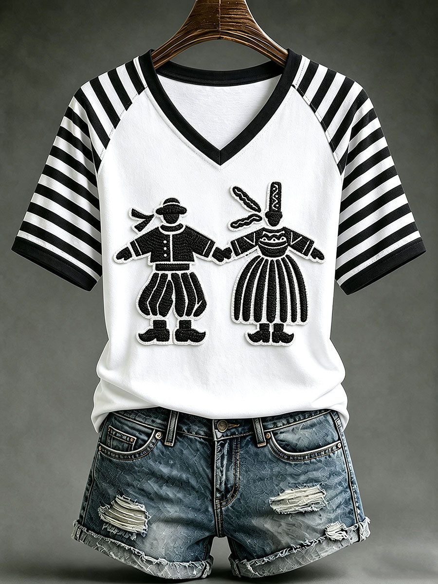 T-shirt à col en V pour femme, imprimé Bigoudène Bretagne Fest‑Noz