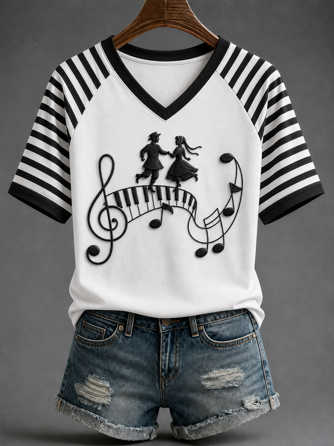 T-shirt à col en V et épaule dénudée pour femme, motif Bretagne, style fest-noz, manches courtes