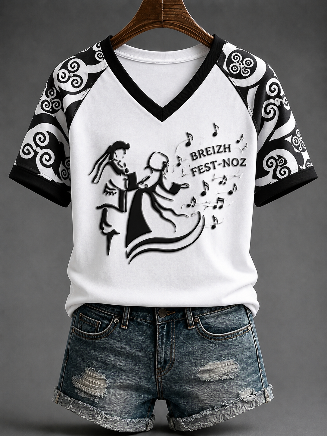 T-shirt à col en V et épaule dénudée pour femme, motif Bretagne, style fest-noz, manches courtes