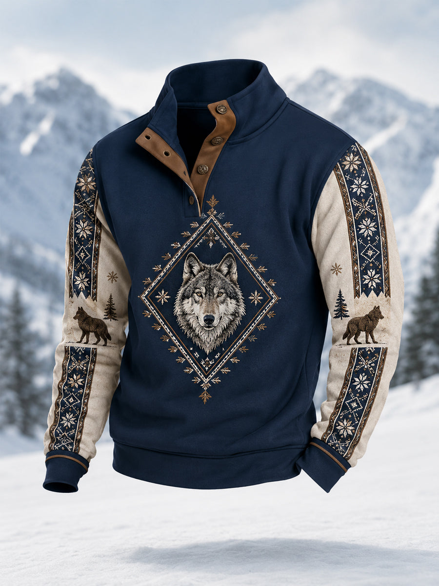 Pull décontracté hiver pour homme à imprimé loup