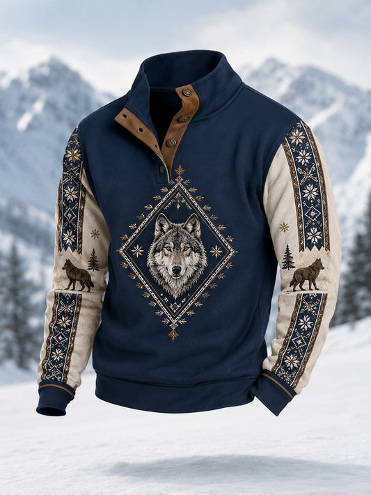 Pull décontracté hiver pour homme à imprimé loup