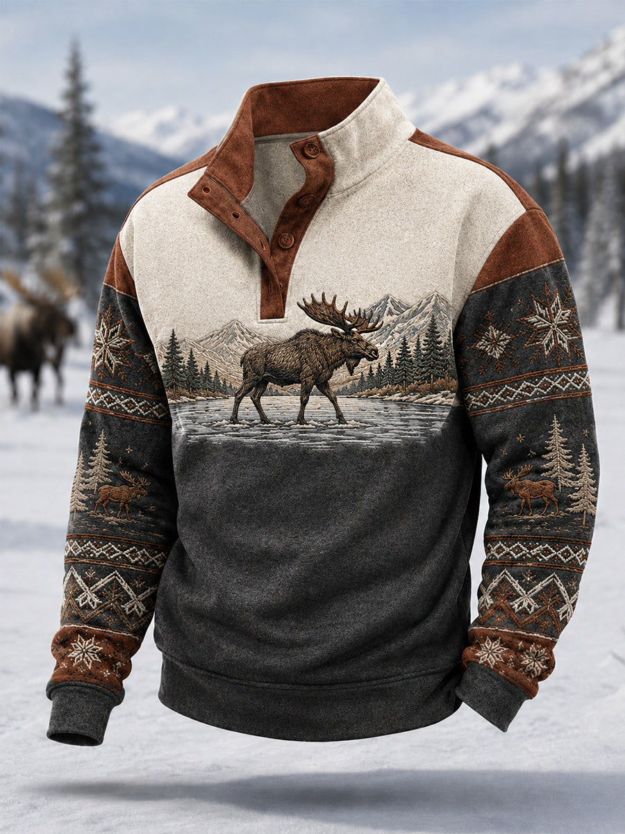 Pull décontracté à boutons pour homme, motif orignal, collection hiver