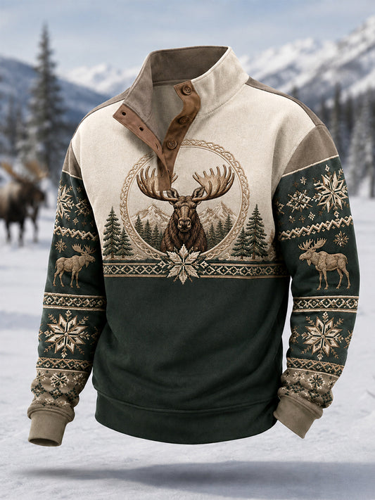 Pull décontracté à boutons pour homme, motif orignal, collection hiver